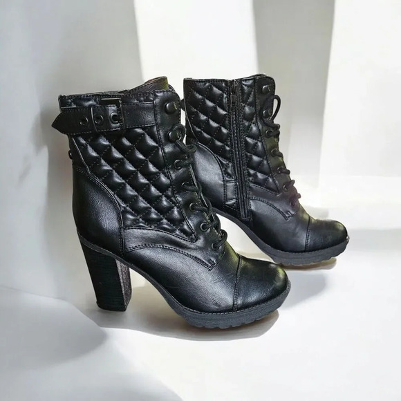 Guess Quilted Platform Heel Shoes Combat Goth Chunky Witchy Boots Black 8 M Y2K - Picture 1 of 11
